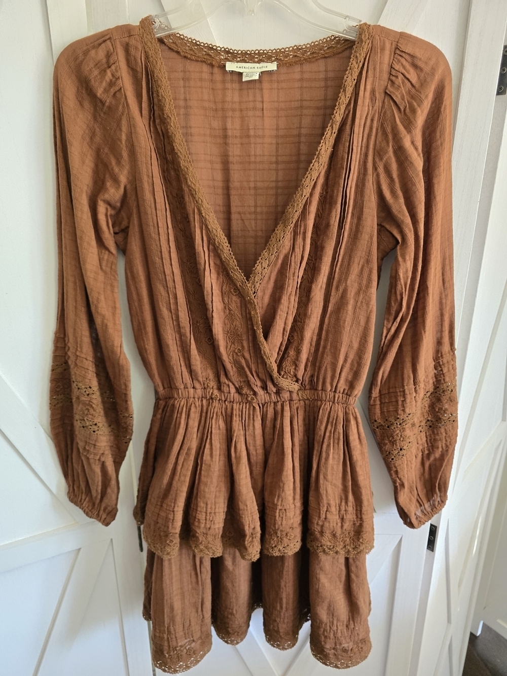 American Eagle BROWN Women's Long-Sleeve Embroidered Wrap Front Mini Dress - Picture 3 of 6